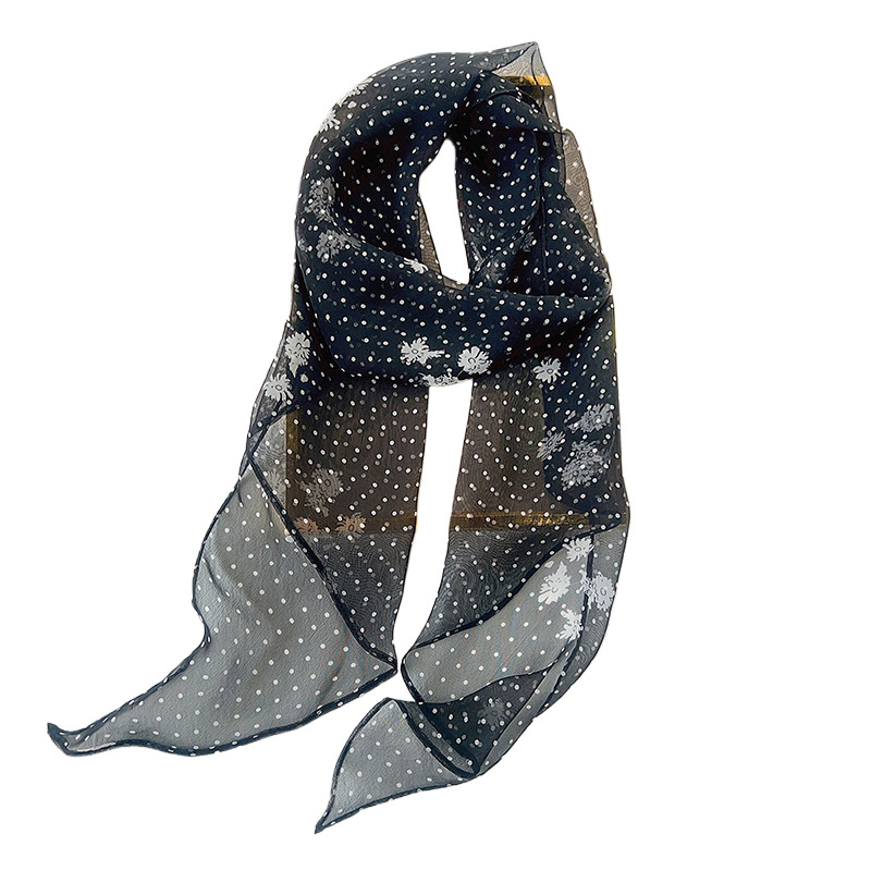 Versión coreana de la cinta de gasa estilo INS, sensación de ambiente de primavera y verano para damas, estilo delgado, cuello, lunares, estampado floral, bufanda de seda, marea