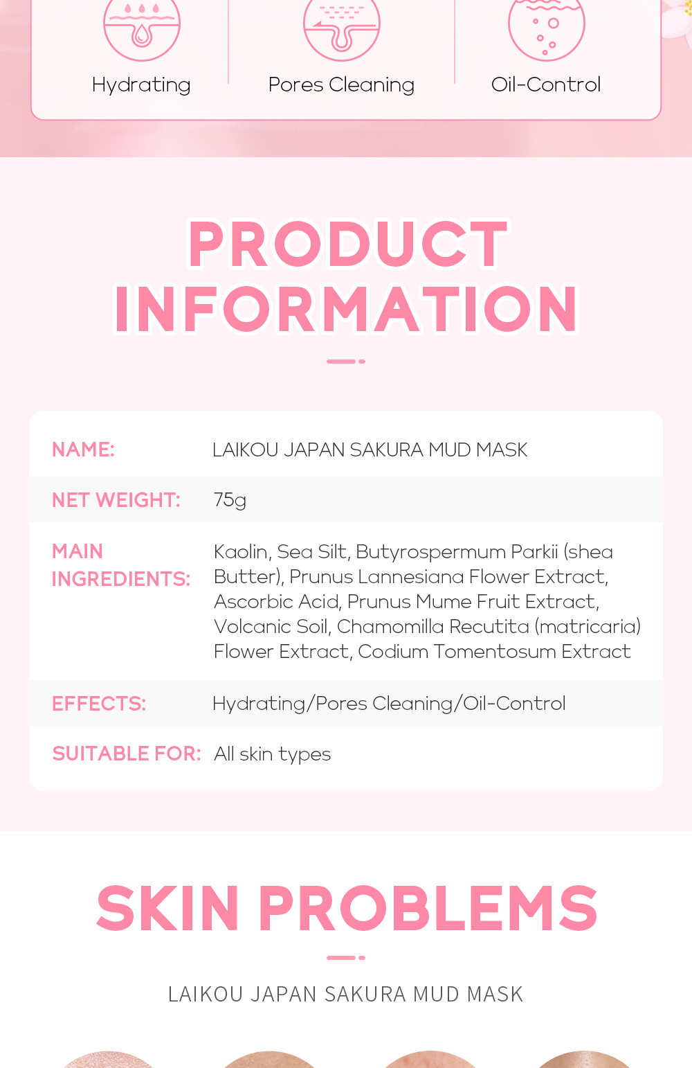 LAIKOU Cherry Blossom Mask Mud 75g, an application type mud mask for pore cleansing, skin care, moisturizing and hydrating, cross-border undefined