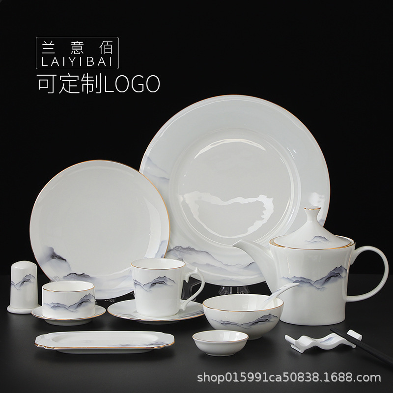 Hotel Restaurant Tableware Private Club Box New Chinese Style High-end Bone China Painting Gold Rice Bowl Tea Cup