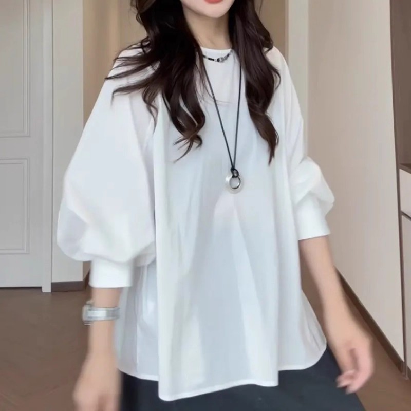 法式气质白色圆领长袖T恤女2025秋季新款小个子时尚通勤百搭上衣|undefined