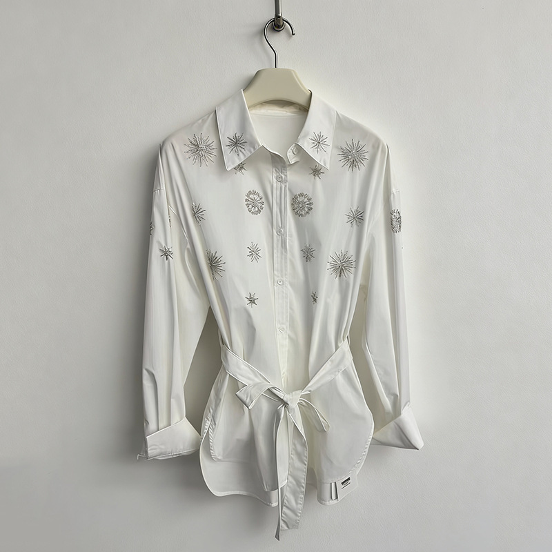 French-Style Light Luxury Rhinestone-Patterned Shirt for Women, Long-Sleeve Tie Design, Niche High-End Feel, 2026 Spring New Model