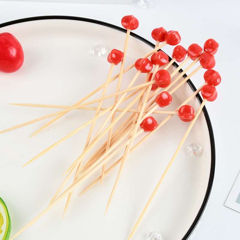 Tenedor de fruta desechable cuentas rojas barra de vino de bambú de lujo hamburguesas pastel de fruta tenedor de fruta creativo