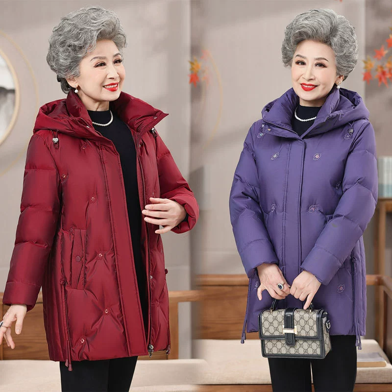 Зимний пуховик для бабушки, женский для среднего и пожилого возраста, 2023, новая куртка средней длины, утепленная белая куртка на утином пуху для матери