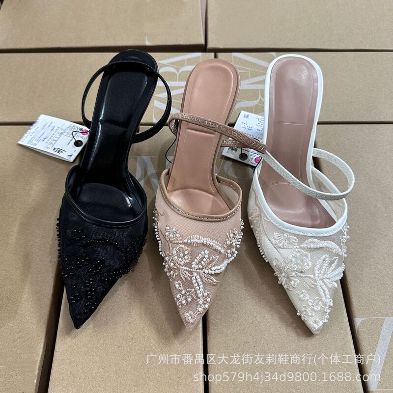 Spanish Autumn and Winter New Women's Shoes, White Shallow Backless High Heels with Embroidery, Mesh Stiletto Pointed Toe Mules