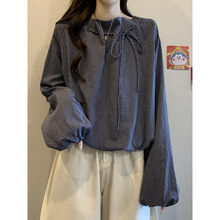 设计感系带长袖条纹衬衫女秋2025大码胖mm显瘦遮肚短款打底上衣