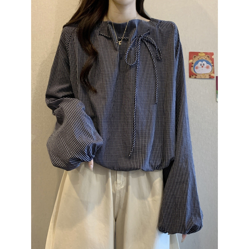 设计感系带长袖条纹衬衫女秋2025大码胖mm显瘦遮肚短款打底上衣