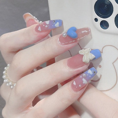 Blue Gradient Heart Butterfly Bow Wearable Nail Sticker Nail Art Nail Tips Removable Nail Decor