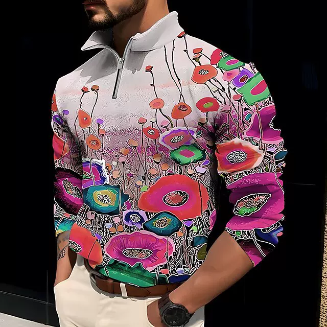 男士拉链  Polo 衫 高尔夫球衫 花卉 图形印花 立领 黄色紫色灰色