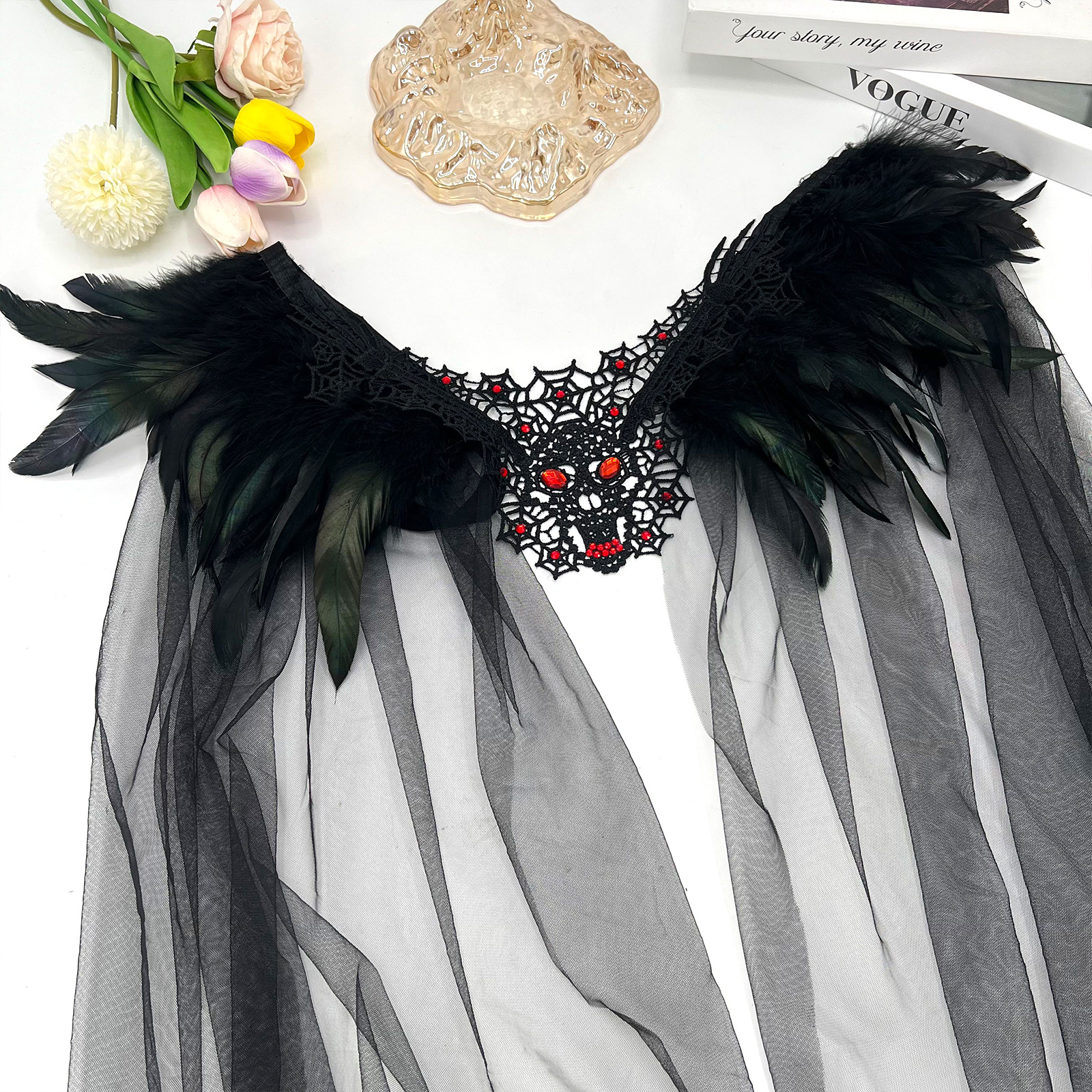 Halloween gótico diamante cráneo negro pluma malla capa vestido de fiesta