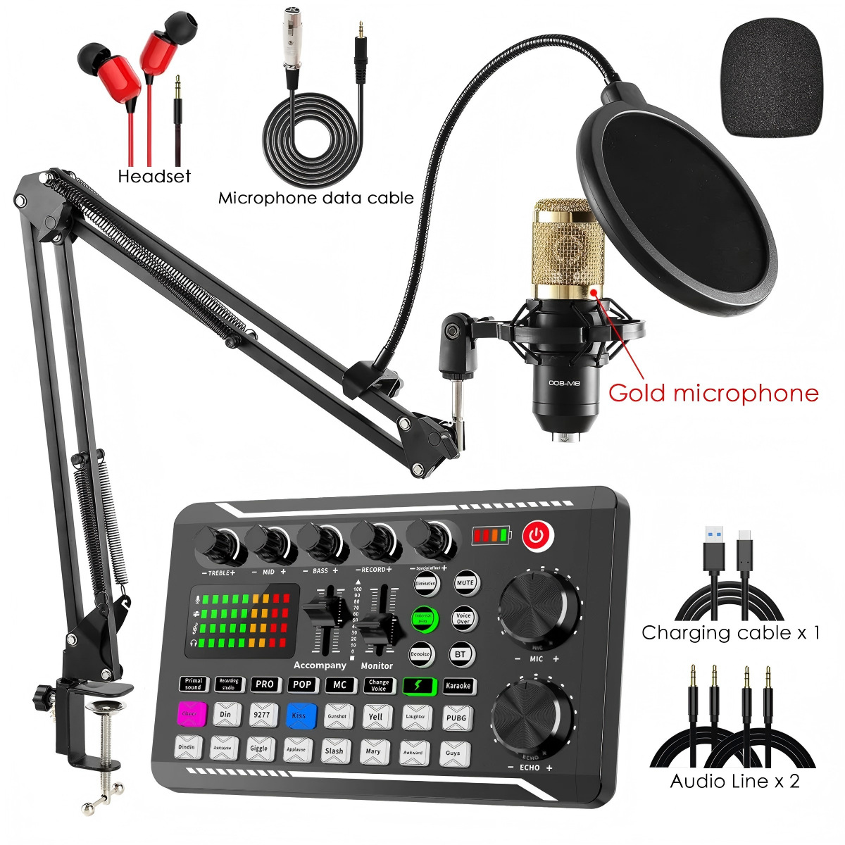 跨境BM800话筒麦克风f998手机英文声卡电脑usb播客设备直播套装