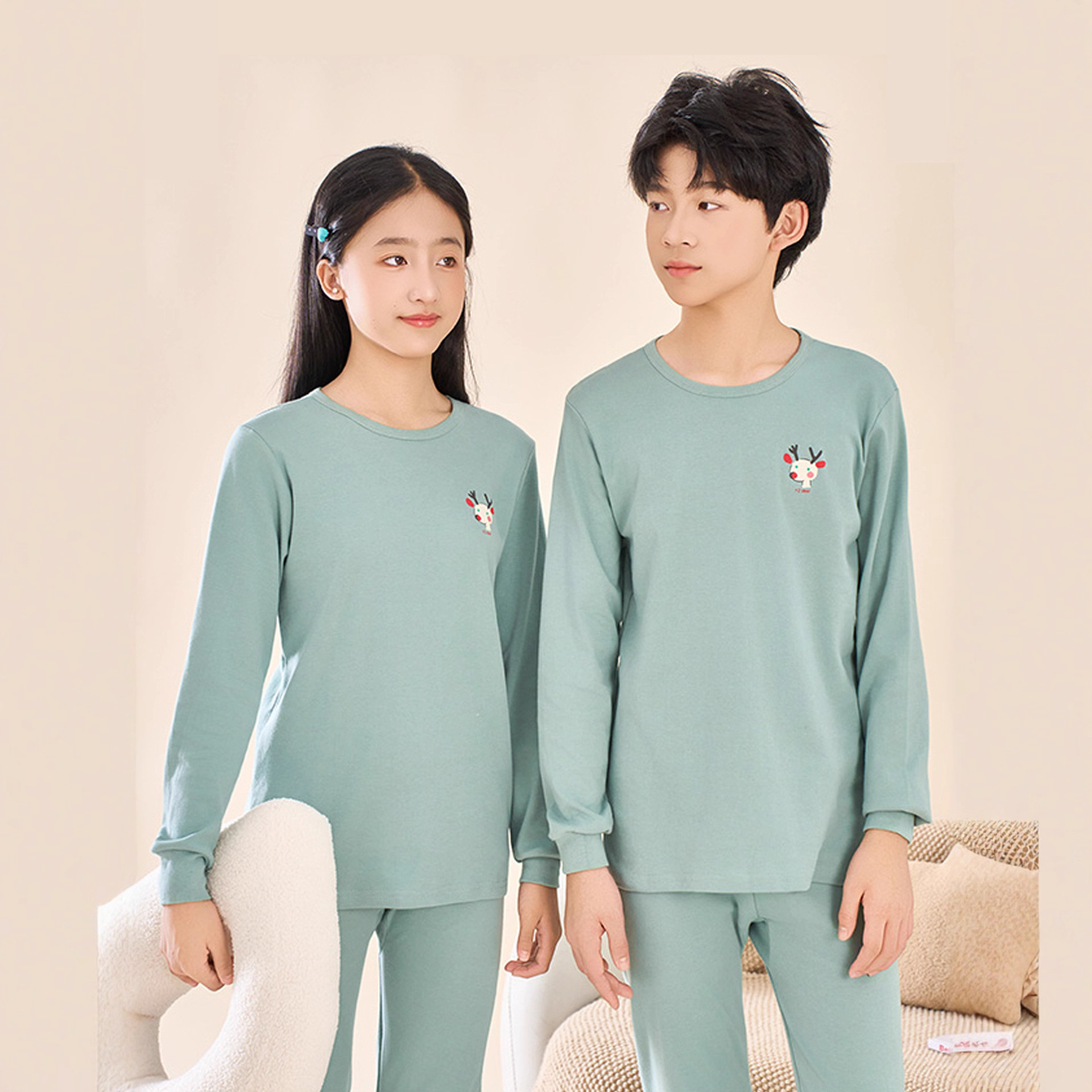 25 Autumn and Winter Youth Student Thermal Underwear Set for Boys and Girls, Children's Base Layer Cotton Sweater and Pajamas Set
