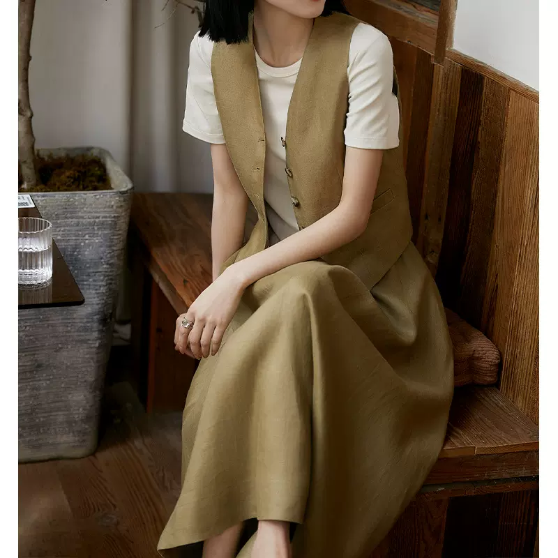 亚麻老钱风两件套马甲/裙子套装 马甲半身裙女装夏季高级感废土风