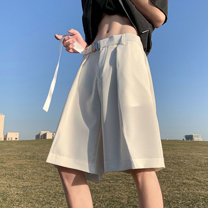 White Ice Silk Pants Men's Summer Thin Bermuda Suit Shorts 2025 Straight Knee-Length Cropped Pants