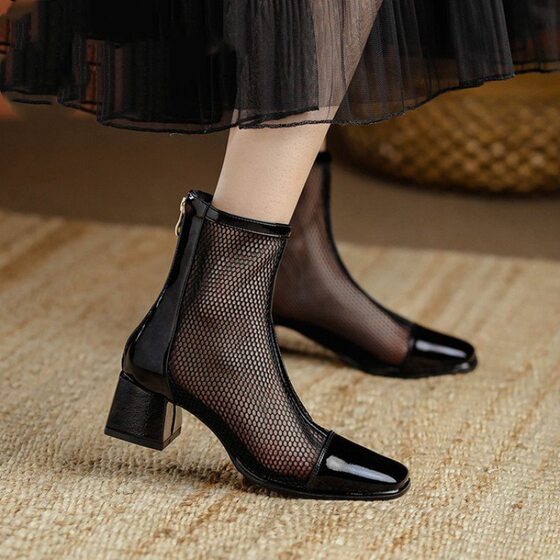 2024 Spring and Summer New Export Short Mesh Boots, Cool Boots, Single Boots, Square Toe High Heels, Women's Boots, Summer Boots, Border Trade