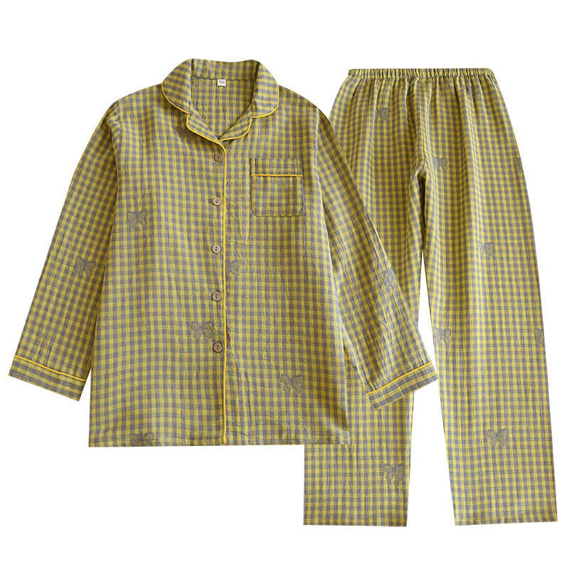 新しい綿二重糸女性シンプルな格子部屋服パジャマ長袖ズボンセット薄い春夏カジュアル