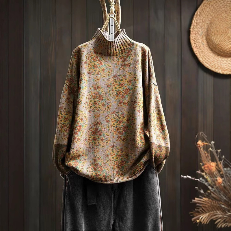Autumn and Winter New Vintage Printed Half-turtleneck Cotton Sweater Women's Loose Slimming Cuff Contrast Color 147 Autumn and Winter New Vintage Printed Half-turtleneck Cotton Sweater Women's Loose Slimming Cuff Contrast Color 147