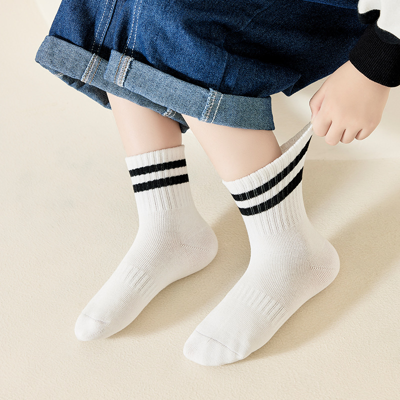 Otoño y invierno sin hueso calcetines de estudiantes para niños, niños y niñas, dos barras de color sólido, calcetines de algodón peinadas, calcetines deportivas