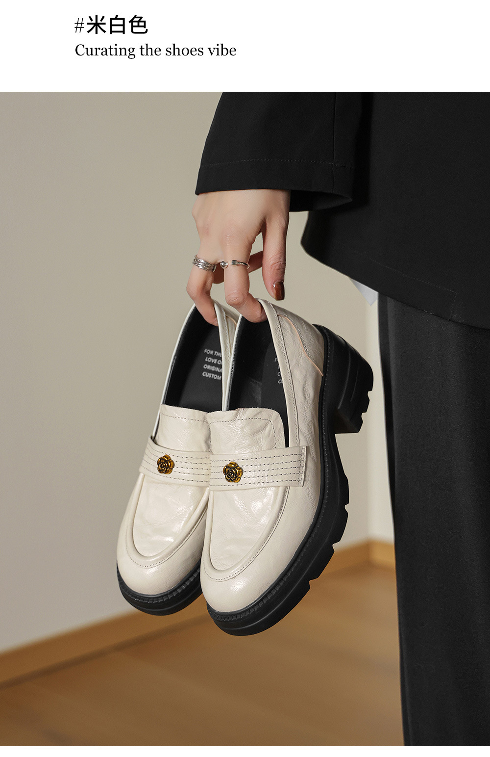 Giày loafer nữ mũi tròn gót vuông dày đế cao 6 cm da cừu — màu nâu chi tiết 6