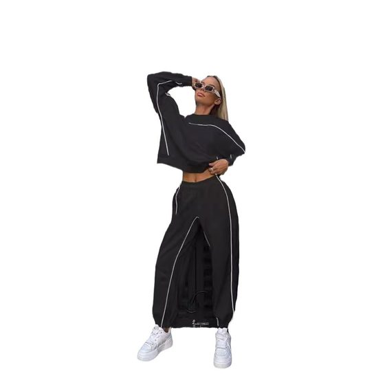 European and American Cross-border Street Women's Fashion Long-sleeved Line Sweat Trousers Sports suit Casual Two-piece Set for Women