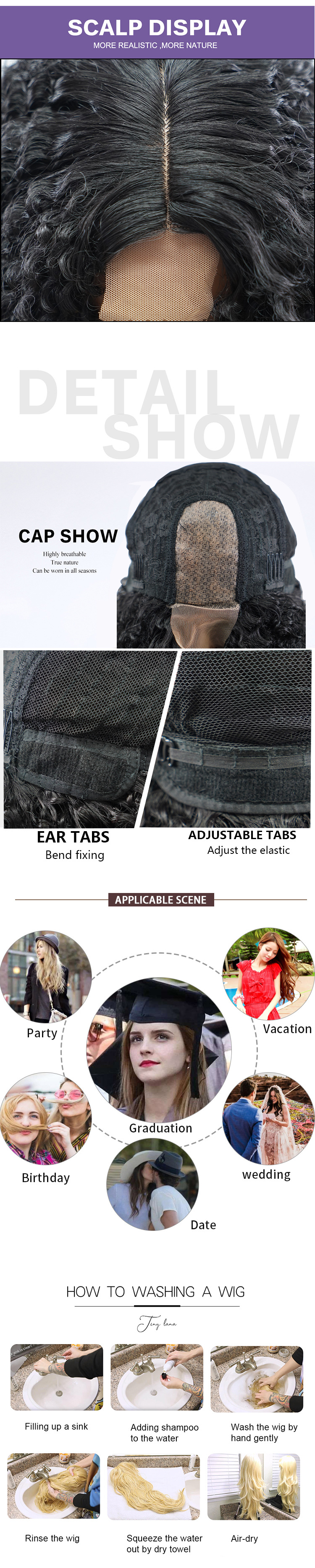 Synthetische Perücke, U-förmig, lockiges Chemiefaser-Stirnband_voghion.com