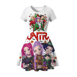 跨境电商短袖连衣裙儿童新款女童公主裙猎魔女团短袖连衣裙K-POP