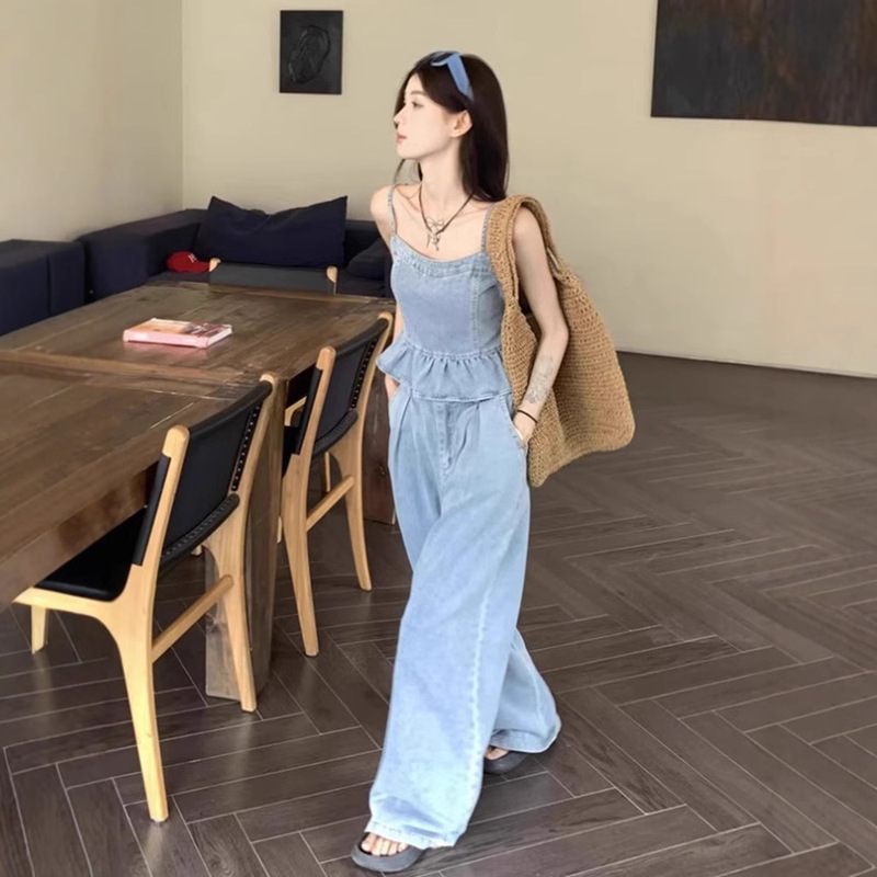 Sweet and Cool Sexy Blue Denim Suit for Women with Ruffled Suspender Tops and Straight Pants for Summer Wear with a Complete Set