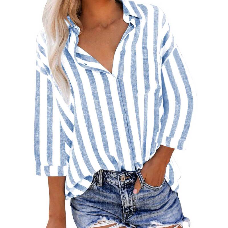 Striped 3/4 Sleeve Shirt Top Lapel Casual Top Button Pocket Seven Sleeve Cardigan Shirt Seven Sleeve Turnover