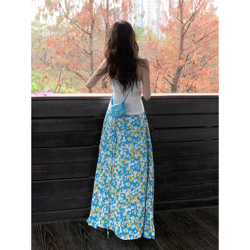 蓝色碎花半身裙女包臀长裙小个子多巴胺掐腰裙夏日绝美小裙子海边|undefined