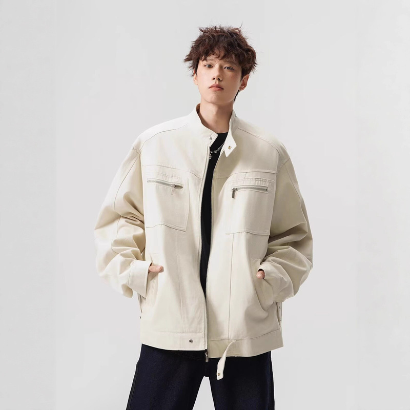 American-Style Washed Canvas Jacket for Men, Spring and Autumn Trendy Brand, Short Stand-Collar Workwear Jacket with Pockets, Stylish Couple's Top