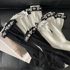 手工縫製立體蝴蝶結鑽石薄款透膚夏季寬條小腿襪長襪及膝網紅襪