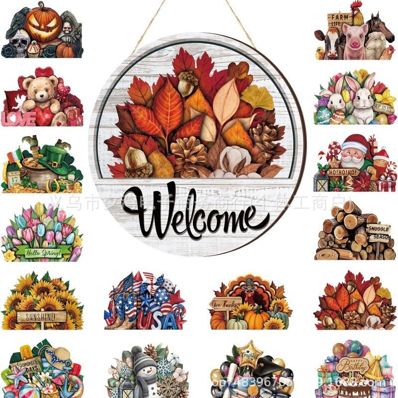 Cross-border welcome sign, interchangeable front door decoration, rustic autumn seasonal hanging sign, Halloween, Christmas Cross-border welcome sign, interchangeable front door decoration, rustic autumn seasonal hanging sign, Halloween, Christmas