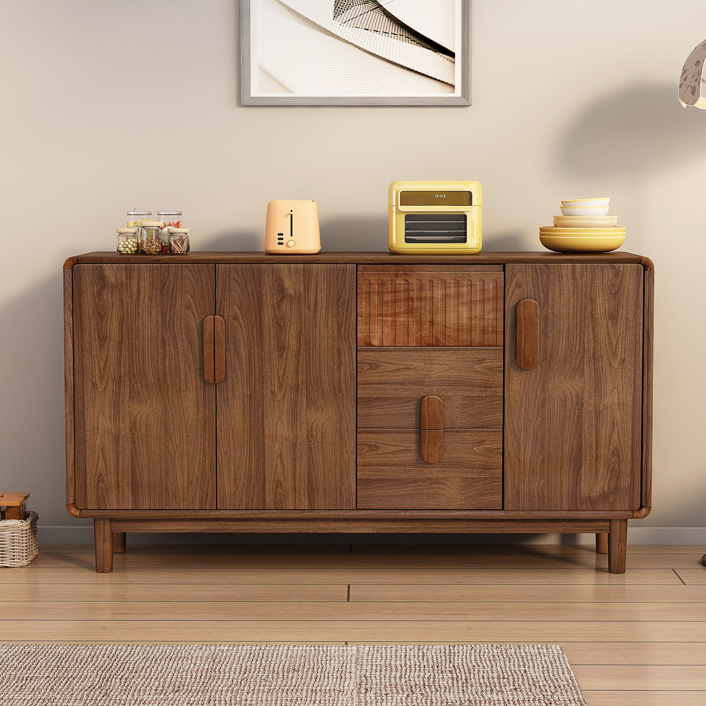 All Solid Wood New Chinese Style High-End Sideboard Home Living Room Wall-Mounted Integrated Storage Cabinet Modern Simple Storage Cabinet