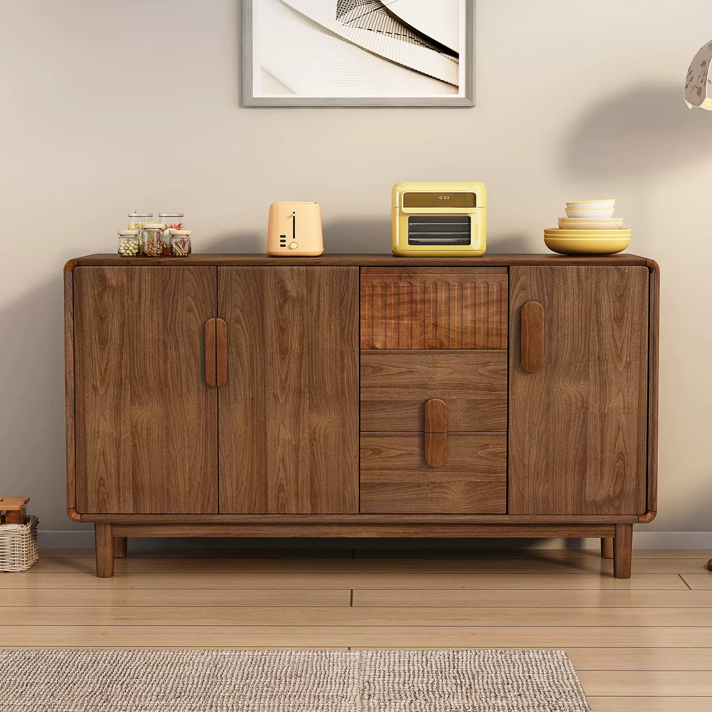 全实木新中式高级感餐边柜家用客厅靠墙一体储物柜现代简约收纳柜