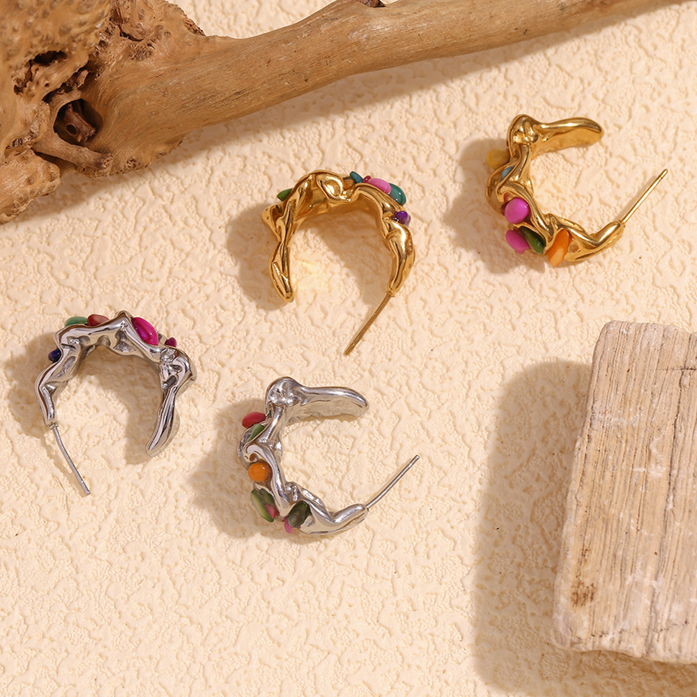 Stainless Steel Pleated Clay Stone Colored Earrings