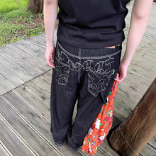 大码美式刺绣阔腿牛仔裤女胖mm复古百搭休闲显瘦宽松直筒拖地长裤