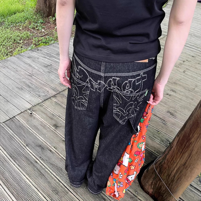 plus size American Embroidered Wide-leg Jeans Women's chubby girl Vintage All-match Casual Slimming Loose Straight Trousers