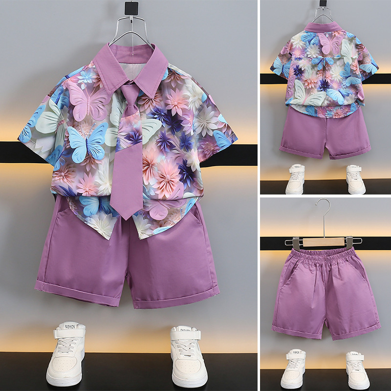 男の子の夏のシャツスーツ 2025 新しい子供の夏服ファッショナブルなインターネット有名人の赤ちゃん半袖ハンサムなネクタイの服|undefined