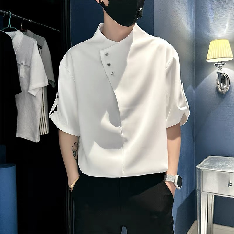 Trendy Brand High-End Design Short-Sleeve Shirt for Men, New Summer Style, Ice Silk Drape, Cool and Stylish, Mid-Sleeve, Collarless, Diagonal Button Top