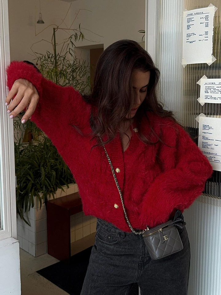 Áo cardigan len dệt kim dáng suông cổ tròn tay dài cài nút phong cách Hàn Quốc — Màu nâu, Xanh quân đội, màu hồng, Đỏ (Còn hàng) chi tiết 63