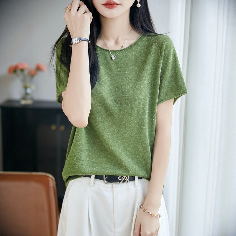 26 New Summer Models of Tencel Linen Ready-To-Wear Round Neck Rolled-Edge Knitwear Short-Sleeved T-Shirts for Women in Solid Colors 26 New Summer Models of Tencel Linen Ready-To-Wear Round Neck Rolled-Edge Knitwear Short-Sleeved T-Shirts for Women in Solid Colors