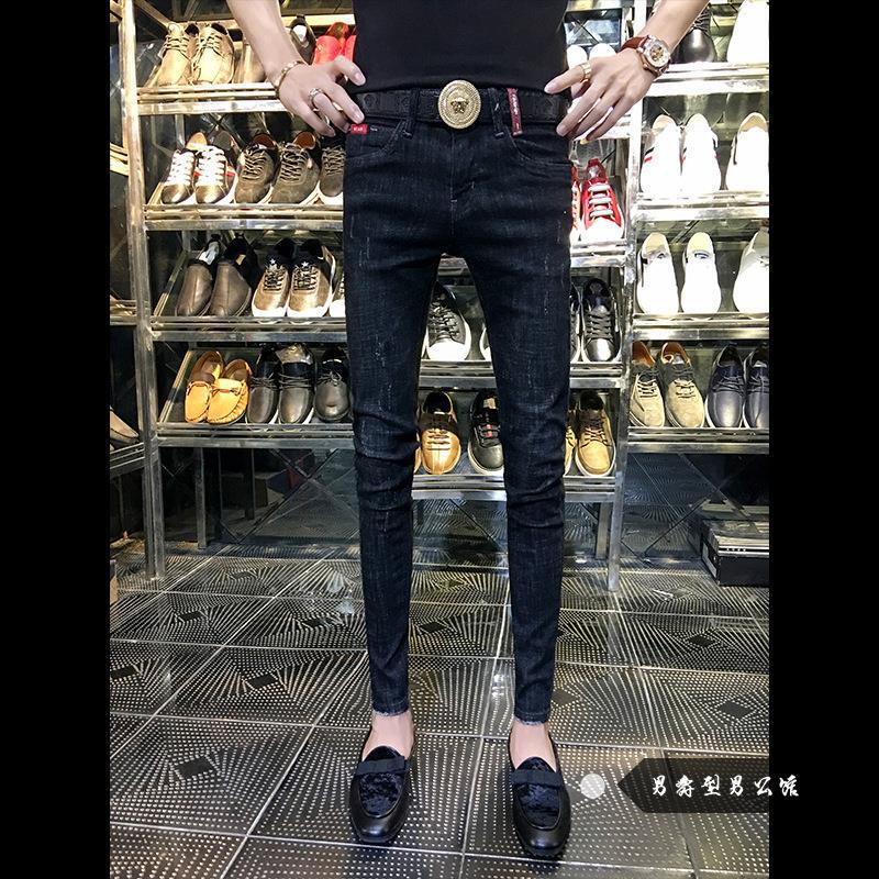 Spring and Autumn Spiritual Guy Pants Men's Korean-style Slim-fit Long Pants Social People Ripped Leg Jeans Bf Trendy