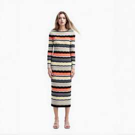 MISSONI跨境外贸秋冬优雅淑女撞色圆领长袖A字套头中长针织连衣裙
