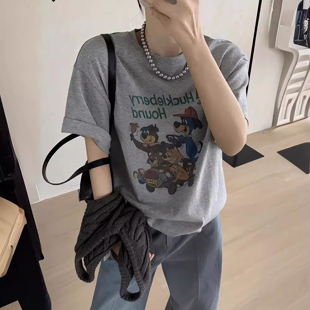 Retro cotton summer design short sleeve T-shirt with a round collar