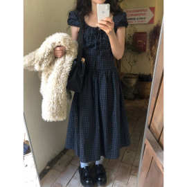 韩国ins夏季甜美少女复古格纹方口领后绑带收腰泡泡短袖连衣裙女