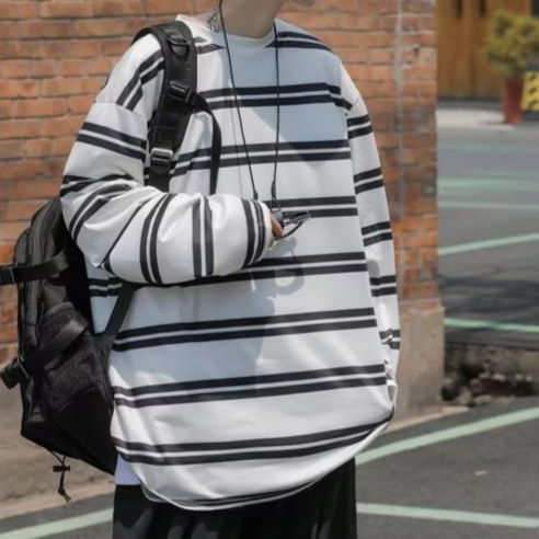 Retro Instagram Striped Long-Sleeve T-Shirt for Men, Loose Fit, Hong Kong Style, Japanese Inspired, Casual Basic Top, Crew Neck T-Shirt