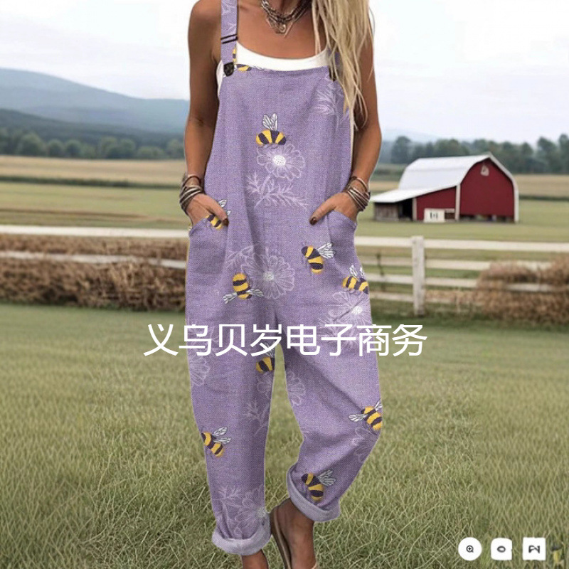 Cross-Border Women's European and American Summer Digital Printed Button Suspenders Casual Overalls Casual Pants