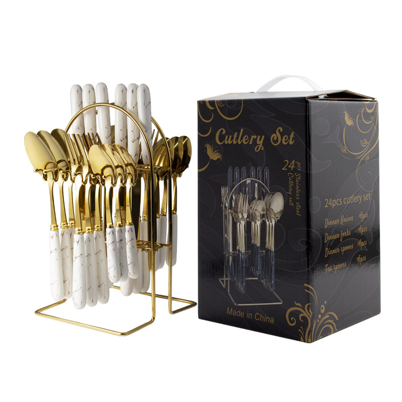 Cuchillo de acero inoxidable transfronterizo, tenedor y cuchara jaspeado cuchillo de carne restaurante del hotel cuchara tenedor mango de cerámica caja de regalo de 24 piezas