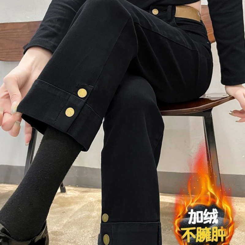 Black Cuffed Jeans for Women, Autumn and Winter Fleece-Lined 2025 Cigarette Pants, Petite Loose Slimming Straight Pants