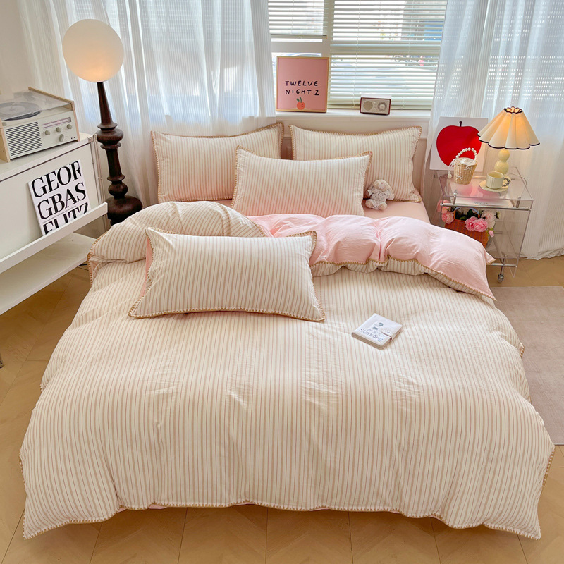 Four-piece Striped Cotton Bedding Set With Fitted Sheet For Home_voghion.com