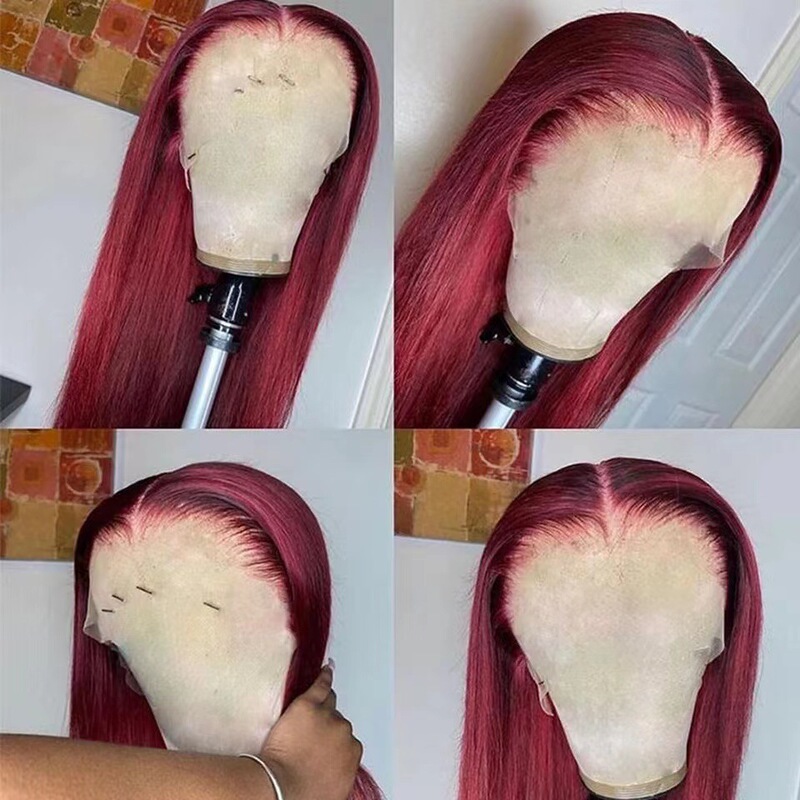 2024 Cross-Border New Product Women's Burgundy Long Straight Hair Lace Front Wig Chemical Fiber Full Headgear Fashionable and Natural